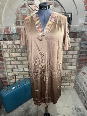 robe satin embroidered collar brown button front brown pink yellow